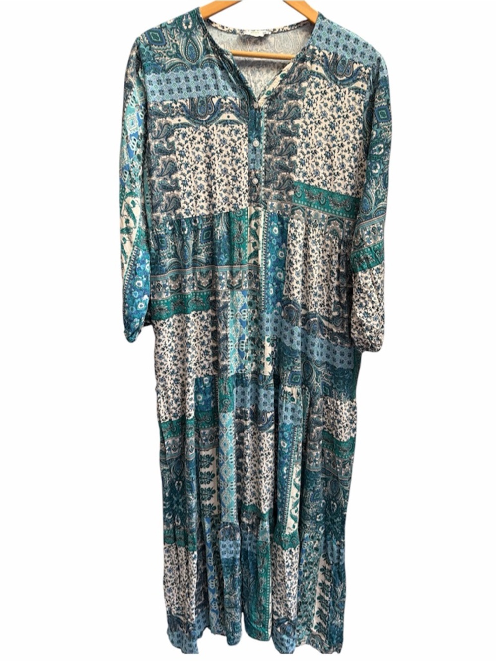 WOMM PLUS Floral Blue Multicolour Patchwork Floral Tiered Midi Dress size 8
